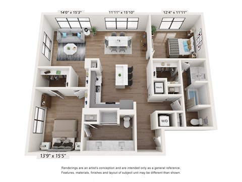 Floor plan for 2 beds, 2 baths, 1425 sqft